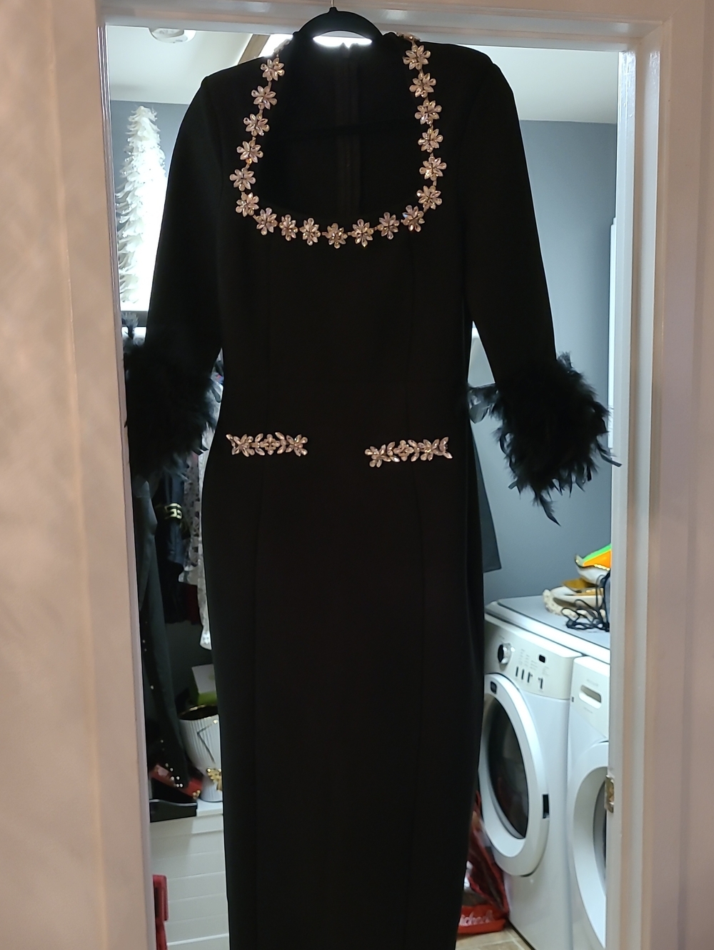 Black Embellished Midi Dress with Feather Cuffs Fabulous Blck Tiw Rhinestones 2x